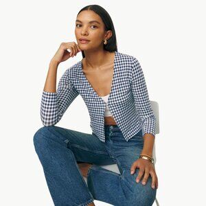 Reformation Women's Janine Knit 3/4 Sleeve Gingham Cardigan | Sz Medium | Blue
